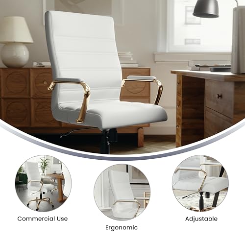Flash Furniture High Back White LeatherSoft Executive Swivel Office Chair with Gold Frame and Arms - color: White Leathersoft/Gold Frame