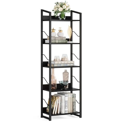 Hosfais 5 Tier Tall Bookshelf: Industrial Wood Book Shelf with Edge Protection Metal Narrow Bookshelf Bookcase Storage Organizer Display Rack for Living Room Home Office (Black) - color: Black