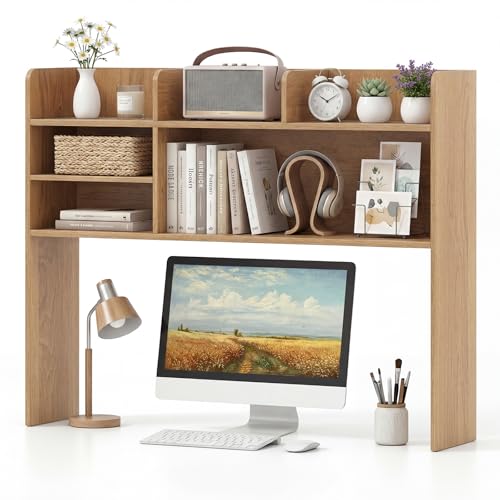 LDAILY 3-Tier Desktop Bookshelf, Wooden Desk Hutch for Computer Monitor Up to 32 Inch, Desk Organizer Shelf with Adjustable Shelf & 6 Storage Shelves, Desk Display Rack for Home Office Dorm (Natural) - color: Natural, size: 6 Shelves