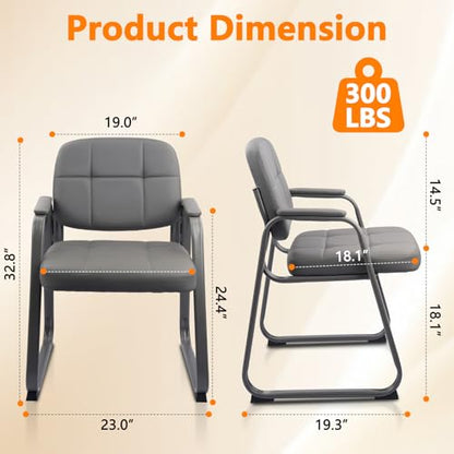 CLATINA Waiting Room Chairs No Wheels Set of 2, Stationary Leather Office Reception Guest Chair with Padded Arms and Sled Base for Elderly Desk Conference Room Lobby Table Side Salon, Grey - color: Grey-sled Base, size: 2 Pack