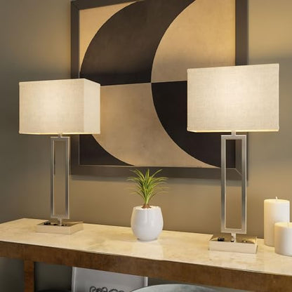 LEDMplace 28 Inch Bedside Table Lamp for Bedroom (USB Port, E26 Bulb Holder, Fabric Linen Shade, Bulb Not Included) | Bedside Table Lamp for Living Room Night Stand Desk Lamp Brushed Nickel Finish - size: 28 Inch (Rectangle Fabric Lamp)