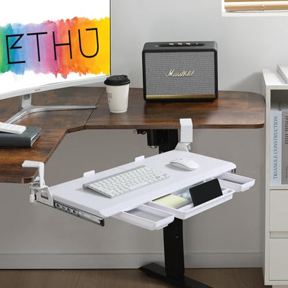 ETHU Corner Keyboard Tray Under Desk with Metal Rail, 26.8x11.8", White - color: White