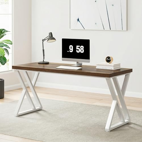 Tribesigns Modern Walnut/White 55" Heavy Duty Computer Desk, Study & Work Desk, 23.6"D x 55.1"W x 29.5"H, Z-Shaped Metal Legs, 330 lbs Capacity - color: Walnut/White
