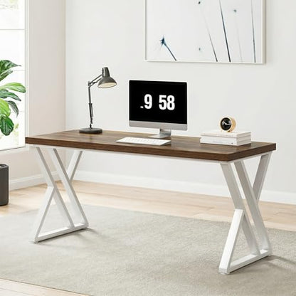Tribesigns Modern Walnut/White 55" Heavy Duty Computer Desk, Study & Work Desk, 23.6"D x 55.1"W x 29.5"H, Z-Shaped Metal Legs, 330 lbs Capacity - color: Walnut/White