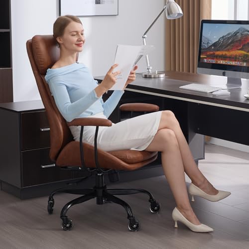 Leather Executive Office Chair, Computer Desk Chair, Brown | Ergonomic, Rubber Wheels, Lumbar Support, 360° Swivel, High Back, Adjustable Height, for Modern Home Office - color: Espresso Brown