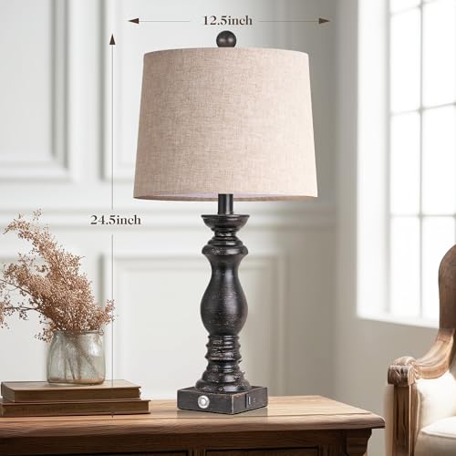 24.5" Table Lamp Set of 2, Rustic Farmhouse Bedside Lamps with USB A+C Charging Ports, 3-Way Dimmable Touch Control Nightstand Lamps for Living Room Bedroom, Antique Black, LED Bulbs Included - color: Antique Black