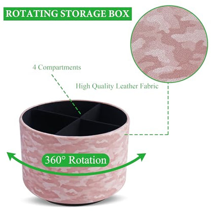 Round Leather Art Supply Organizer,Remote Control Holder,360 Degree Rotating,Multi-Functional Pencil Holder,4 Compartments Desktop Stationary Organizer(1-Camouflage Pink) - color: 1-Camouflage Pink