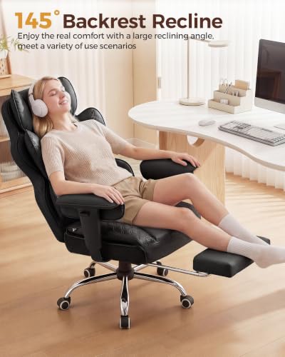 COMHOMA Big and Tall Office Chair Heavy Duty Gaming Chair with Deluxe Embossing Leather High Back Wider Ergonomic Computer Chair with Foot Rest 145°Reclining Pocket Spring Lumbar Support - color: Coal Black
