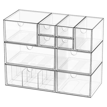 Clear 10-Drawer Stackable Desk Organizer Storage Set | Unique nine-grid drawer, Acrylic, Separate drawers, Dustproof, Easy to clean, for Office supplies, Pens, Jewelry, Makeup - size: 10 drawer clear