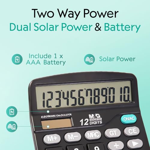 M&G Desk Calculator 12 Digit Office Calculators with Large LCD Display, Dual Solar Power and Battery, Recessed Big Button Calculator for Office Home (Black, Pack of 5) - style: Basic 5 Pack