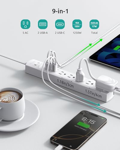 Flat Plug Surge Protector Power Strip, Outlet Cover Extension Cord 6ft - size: 5AC(6FT-3Prong)