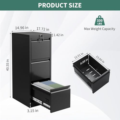 3 Drawer File Cabinet with Lock, Vertical Filing Storage Cabinet, Metal Filing Cabinets, Steel Lockable Storage Cabinets for Home Office, Legal/Letter Size File - size: 3 Drawer