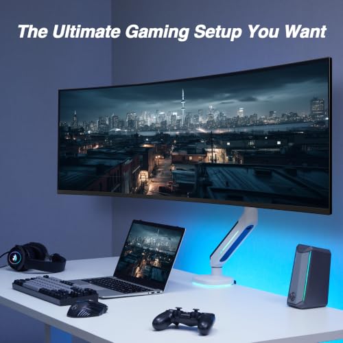 AVLT Single 27”-45” RGB Gaming Monitor Arm Desk Mount - White | 20 Lighting Modes Touch Button Control Fits Flat/Curved/Ultrawide Screens Height Swivel Tilt Rotation Adjustable Stand - color: White - Single