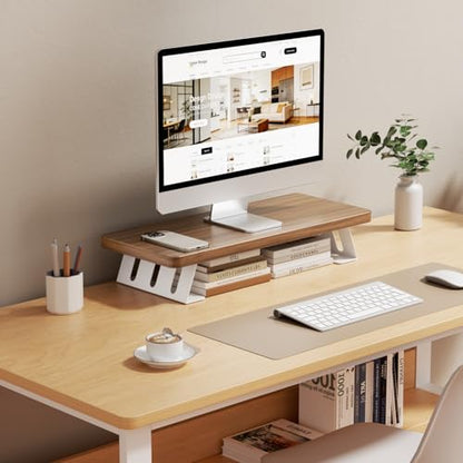 Monitor Stand Riser, 24 Inch Wood Desk Monitor Riser for Laptop/PC/Printer - color: Light Walnut - White Legs