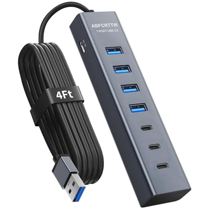 4Ft 7-Port USB Hub 3.0 for Desktop, 4 USB-A & 3 USB-C Ports Aluminium 5Gbps USB Extender Hub, USB Splitter, USB Hub Long Cable for Desktop, PC, Flash Drive, Mobile HDD SSD, Windows/XPS - size: 4FT