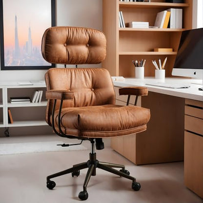 Brown Leather Home Office Chair, Ergonomic High Back Executive Chair with Deep Seat Thick Cushion, Mid Century Modern Big and Tall Computer Desk Chair with Lumbar Support (Light Brown Suede) - color: Brown,suede Fabric, size: Big High Back