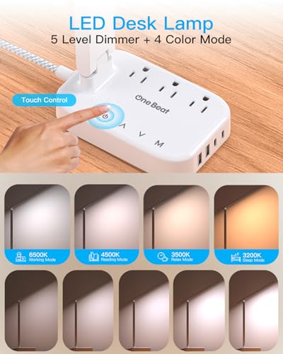 LED Desk Lamp, 10Ft Power Strip with 3 Outlets 4 USB Ports(2 USB C), White - color: White, size: 10 Ft