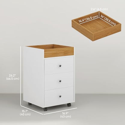 HOMCOM 3 Drawer Home Office Storage Cabinet, Office Drawer on Wheels, White | Removable Tray, Under Desk Printer Stand with Storage