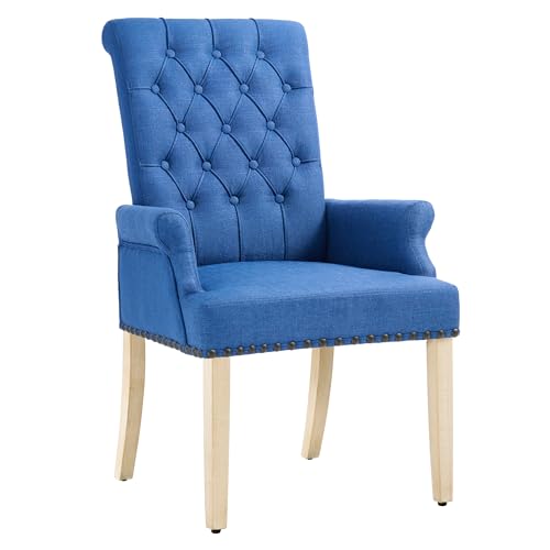 LOULENS Linen Dining Chair with Arms, Tufted Dining Room Chairs, Dark Blue | Solid Wood Legs, Nailhead Trim, Accent Chair, Kitchen Chair - color: Dark Blue, size: 1 PCS