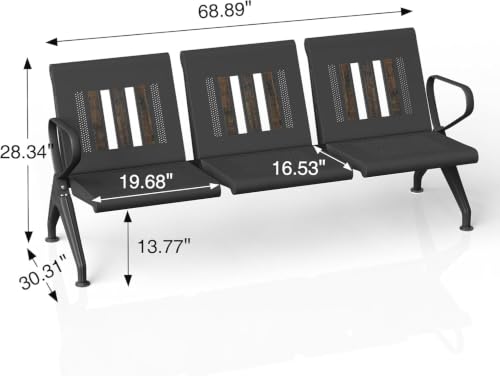 wonline 3-Seat Waiting Room Bench with Arms, Heavy Duty Steel Frame Guest Seating, Office Reception Chairs for Lobby Clinic Hospital Airport Bank Salon - size: 3 Seat