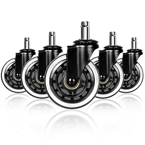 Hirate 3" Office Chair Caster Durable PU Wheel Replacement Set of 5 Black | Universal Stem 11mm (7/16"x7/8"), Smooth Rolling for Computer Home Desk Chairs, Mute Roller Safe for Hardwood Carpet Floor - color: Black, size: 3 inch