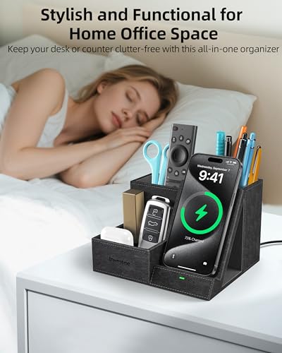 Wireless Charger with Desk Organizer, 3 Compartments and 1 Phone Stand - color: PU Black