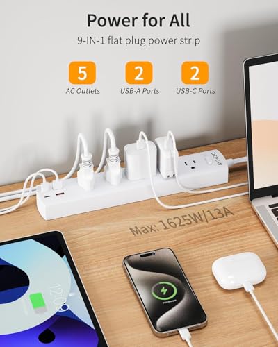 Surge Protector Power Strip with 5 Outlets 4 USB Ports, 10FT Extension Cord | Flat Plug with Multiple Outlets for Home Office Dorm, 1700J Surge Protection, Widely Spaced Outlets(1.5IN), Wall-mountable - color: White, size: 10 FT (3 prong plug)