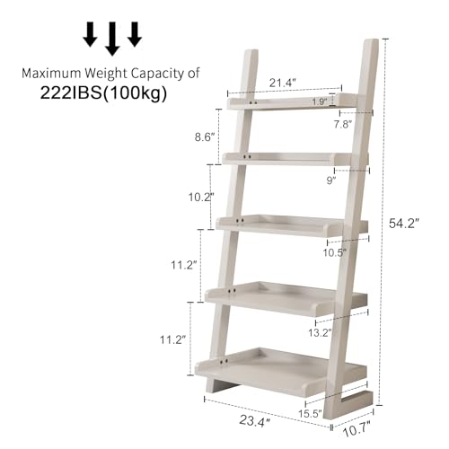 AQIMUELE White Wooden Ladder Shelf with Edges, 5-Tier Modern Leaning Bookshelf Ladder – Stylish Space-Saving Bookcase for Living Room, Bedroom & Home Office - color: White, size: 5-Tier