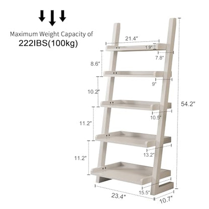 AQIMUELE White Wooden Ladder Shelf with Edges, 5-Tier Modern Leaning Bookshelf Ladder – Stylish Space-Saving Bookcase for Living Room, Bedroom & Home Office - color: White, size: 5-Tier