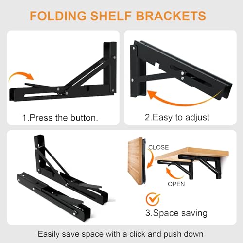 Folding Shelf Brackets - Heavy Duty Metal Collapsible Shelf Bracket for Bench Table, Shelf Hinge Wall Mounted Space Saving DIY Bracket, Max Load: 150 lb (24 Inch, Black) - size: 24 Inch