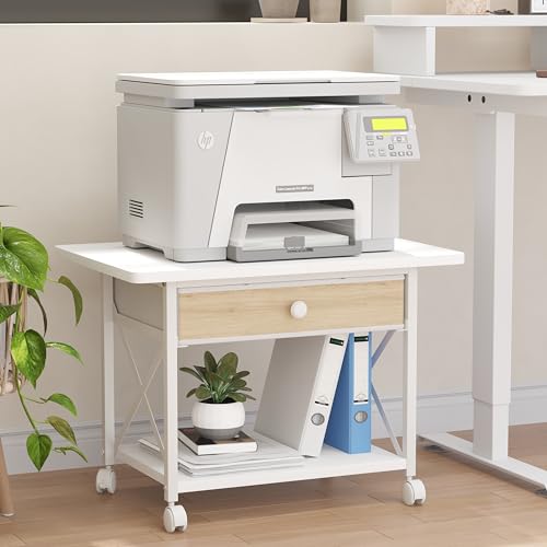 EasyCom Large Printer Stand with Fabric Storage Drawer and Locking Wheels - color: White, size: Large