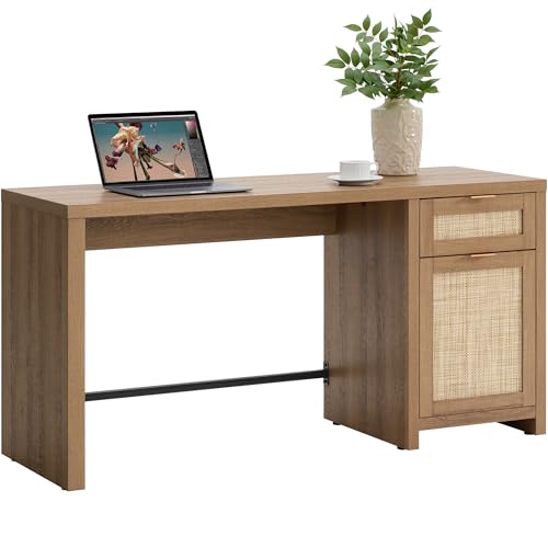 SICOTAS Rattan Computer Desk Wood Desk with Drawer, 59" Home Office Desk | Large Boho Farmhouse Writing Table Vanity Desk with Cabinet for Office, Study, Living Room, Dining Room - size: 1 Piece