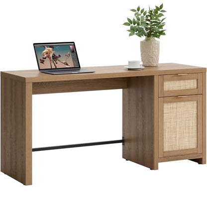 SICOTAS Rattan Computer Desk Wood Desk with Drawer, 59" Home Office Desk | Large Boho Farmhouse Writing Table Vanity Desk with Cabinet for Office, Study, Living Room, Dining Room - size: 1 Piece