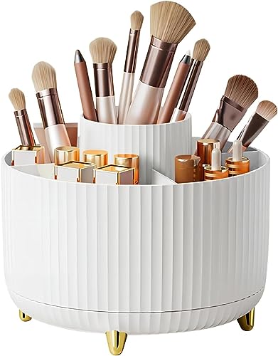 Makeup Brush Holder,360° Rotating Makeup Brush Organizer,5 Slot Make up Brushes Cup for Cosmetics,Large Capacity,For Nail Polish, Art Supply, Bathroom Vanity,Cosmetics Organizer,White - color: White