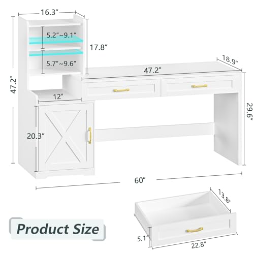 60" White Computer Desk with Drawers & Bookshelves for Bedroom, Home Office - color: White