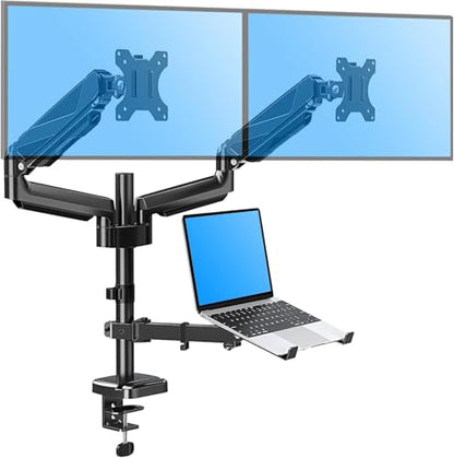 MOUNTUP Dual Monitor and Laptop Mount, Adjustable Monitor Stand for 2 Max 27" Computer Screens, Laptop Tray Fits 10-17inch Notebook, Holds 4.4-17.6lbs Per Arm, 3-in-1 Adjustable Monitor Desk Mount - size: Triple-With Pole