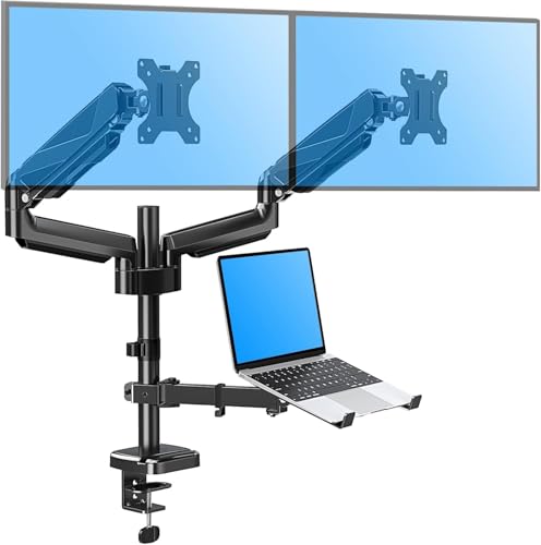 MOUNTUP Dual Monitor and Laptop Mount, Adjustable Monitor Stand for 2 Max 27" Computer Screens, Laptop Tray Fits 10-17inch Notebook, Holds 4.4-17.6lbs Per Arm, 3-in-1 Adjustable Monitor Desk Mount - size: Triple-With Pole
