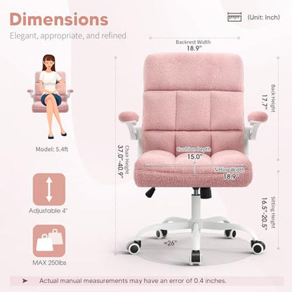 Office Chair with Wheels, Ergonomic Computer Desk Chair with Flip-up Armrest, Adjustable Rolling Swivel Chair Teddy Fleece – Dusty Pink - color: Dusty Pink