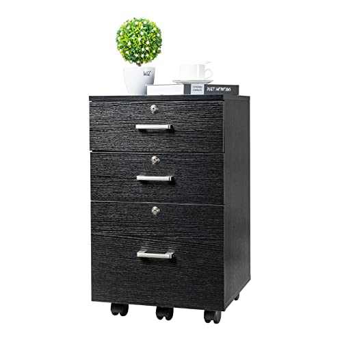 Bonnlo 26" H 3 Drawer File Cabinet with Lock, Rolling File Cabinet Under Desk, Mobile File Cabinets for Home Office, Wood Black File Cabinet Printer Stand for Letter Size Hanging/Manila File Folders - color: Black