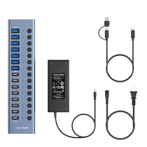ACASIS 16 Ports Powered USB 3.2 Hub (8 USB-A 3.2 +8 USB-C 3.2), 10Gbps | Individual On/Off Switch for Each Port • Aluminum Housing • Better Heat Dissipation • Plug & Play • 96W Power Adapter - color: Gray