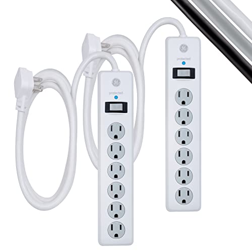 GE Surge Protector Power Strip, 2 Pack, 6 Ft Extension Cord | 6 Outlet Extender, 800 Joules, Flat Plug, Wall Mount, Twist-to-Close Safety Covers, ETL Safety Listed, White, 54638 - color: White, size: 6 Ft, style: 2 Pack