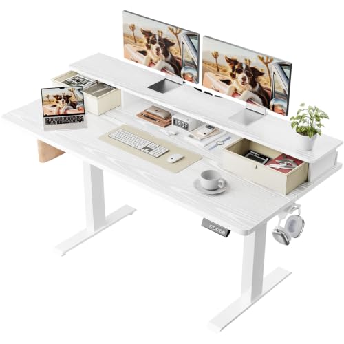 Veken 55x26 in Electric Standing Desk with Drawers, Adjustable Table, White | Stand up Computer Desk for Home Office, Work & Study, with Storage, 3 Memory Presets, Cable Organizer, Hook, and Quiet Lift. - color: White, size: 55×26 Inch