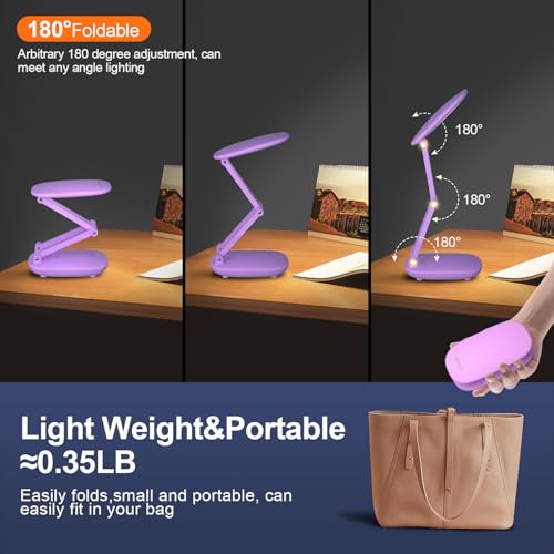 Akejrym LED Desk Lamp for Office Home & Battery Operated Lamp Rechargeable Lamp Foldable & Portable Light, [2-Fold Bracket] 3 Brightness Dimmable Small Desk Lamp Wireless Reading Lamp (Purple) - color: Purple