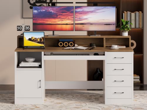 RALGEND 55" Office Desk with Drawers, Farmhouse Executive Desk with Drawers - color: White, Walnut