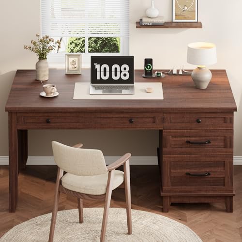53.5" Executive Desk with Power Outlet, Home Office Desk with Drawers, Wooden Work Desk with File Cabinet, Computer Desk for Work, Study, Writing, Brown - color: Brown