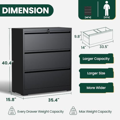 3 Drawer Lateral File Cabinet, Metal Filing Cabinet for Home Office, Black | Heavy-Duty Steel Locking Large File Cabinet, Hanging Letter/Legal/A4 Size, Full-Extension Silent Drawer, Un-Assembly - color: Black, size: 3 Drawers (35.43 in Width)