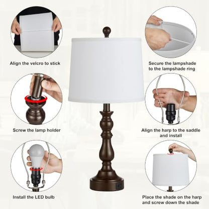 Brown Table Lamps Set of 2, Brown Lamps for Bedroom, USB C+A Ports - color: G. White Shade & Brown Base