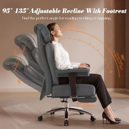 Efomao Big and Tall Executive Office Chair 400lbs, Heavy Duty Computer Chair with 24" Extra Wide 6.1" Spring Cushion, 3" Height Adjustable Armrests, Desk Chair with Footrest, Grey - color: 3060-grey