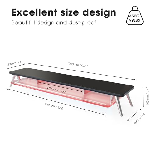 Fenge Dual Monitor Stand with 8-Mode LED Lights and Frosted Shelf, Black | Sturdy Aluminum Legs, Built-In Phone & Tablet Slot, 2-Tier Storage, 42.5-Inch Desk Shelf for Gaming, Home Office & Streaming - color: Black