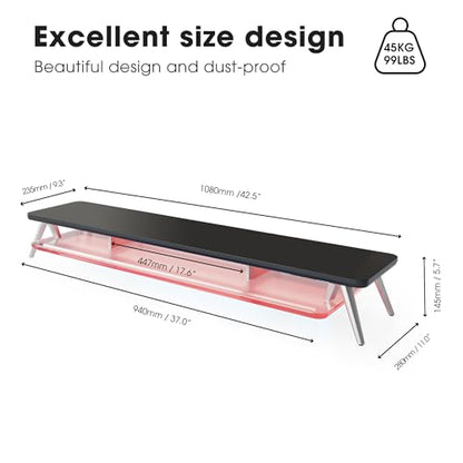 Fenge Dual Monitor Stand with 8-Mode LED Lights and Frosted Shelf, Black | Sturdy Aluminum Legs, Built-In Phone & Tablet Slot, 2-Tier Storage, 42.5-Inch Desk Shelf for Gaming, Home Office & Streaming - color: Black